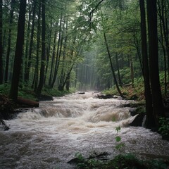 Obraz premium Flowing River Through Dense Forest with Mist and Greenery