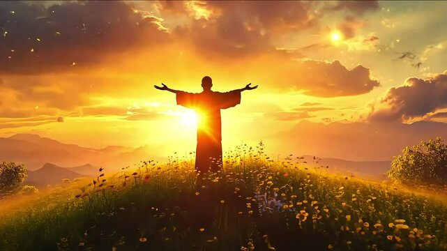 Celestial harmony: enlightened figure embracing vibrant sunrise in serene nature landscape