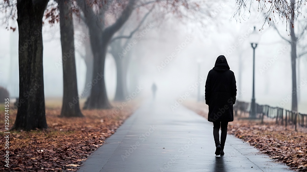 Poster lonely figure walking through a foggy park surrounded by barren trees and fallen leaves : generative