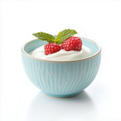 Fresh greek yogurt in blue bowl Isolated on white Background