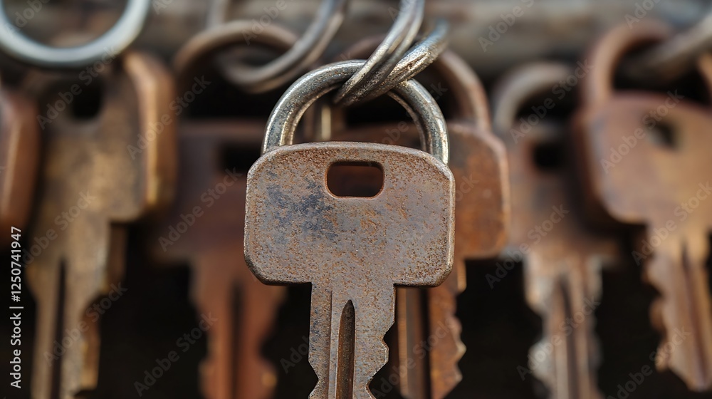 Poster Closeup portrait of a rusty key and lock hanging on a chain emphasizing vintage hardware : Generative AI