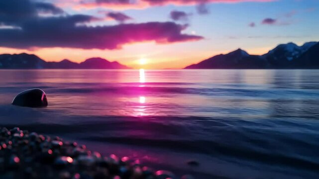 Serene mountain lake sunset reflection: tranquil pink and purple horizon over water