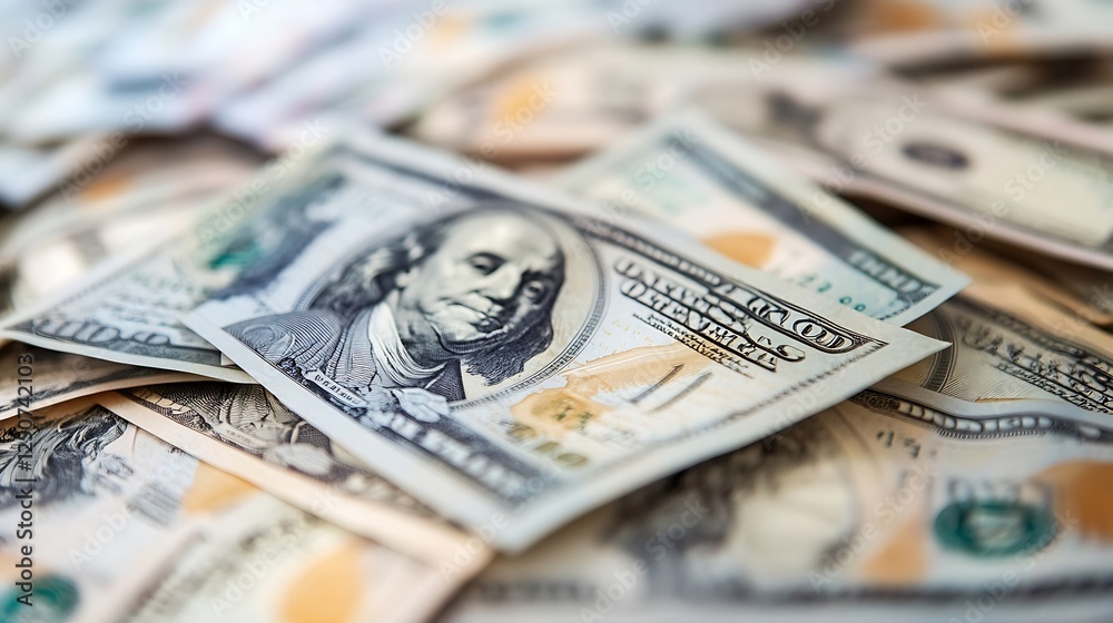 Aufkleber close view of scattered hundred dollar bills showcasing currency and financial wealth in a dynamic b