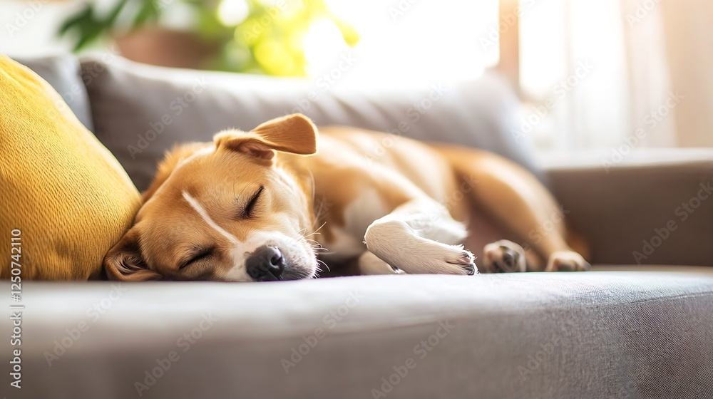 Poster A Relaxing Sleeping Dog Comfortably Resting on a Couch in Natural Light : Generative AI