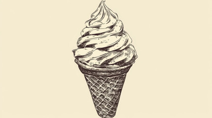 Ice cream in waffle cone isolated hand drawn sketch. Vector whipped sundae dessert, frozen gelato