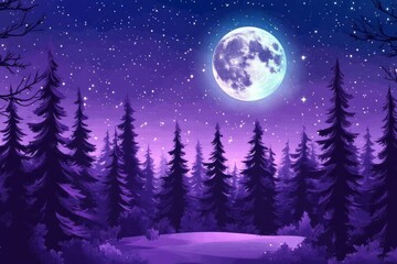 Naklejka premium Serene Night Sky Over a Forest with Shimmering Stars