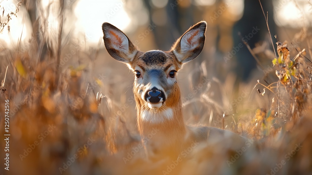 Poster CloseUp of a Curious Deer with Soft Focus on Its Face Surrounded by Autumn Foliage in Nature : Generative AI