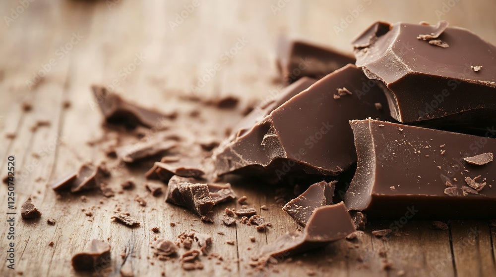 Poster Chunks of rich dark chocolate scattered on a rustic wooden surface : Generative AI