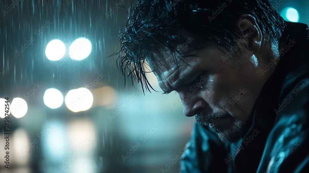 Poster moody atmospheric portrait of a man in the rain reflecting deep emotions and despair for storytellin