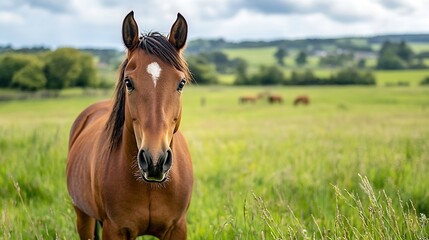 Majestic chestnut horse standing gracefully in green field surrounded by lush landscape : Generative AI