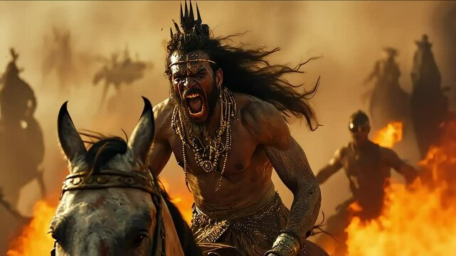 Fierce warrior charge amidst battle chaos: dramatic cinematic action sequence