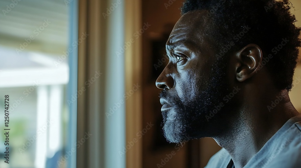 Poster profile portrait of a thoughtful man looking out of a window lost in reflection : generative ai
