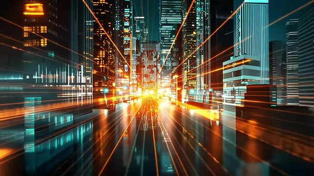 Futuristic cityscape timelapse: neon lights and urban energy in motion