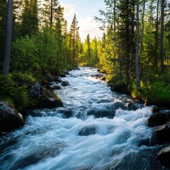 Obraz premium Serene Flowing River Surrounded by Lush Green Forest Landscape