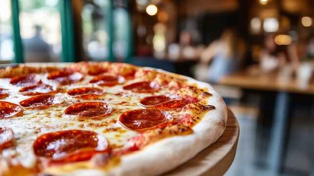 Delicious freshly baked pepperoni pizza served in a lively modern restaurant setting : Generative AI