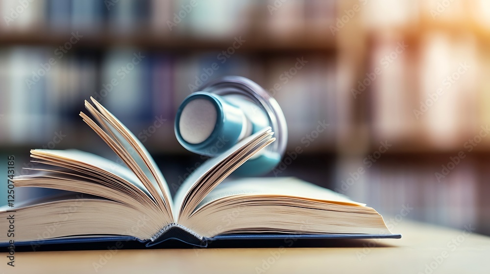 Poster opened book on wooden table with headphones and blurred bookshelf in the background creating a cozy 