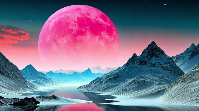 Surreal lunar landscape: vibrant pink moon over serene mountains and reflective water