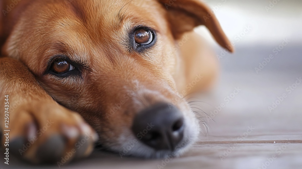 Poster Close Up of a Sad Dog with Brown Eyes Resting on the Floor with a Soft Expression : Generative AI