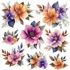 Vibrant floral arrangement featuring various blossoms in shades of purple and orange.