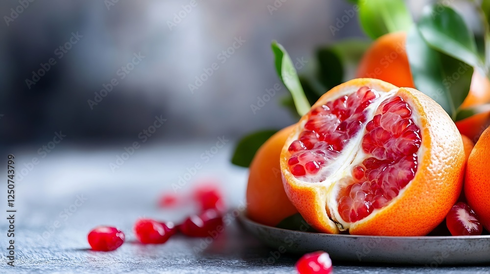 Poster freshly cut pomegranate with juicy seeds on a table surrounded by oranges : generative ai