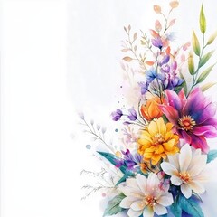 Obraz premium Vibrant watercolor floral arrangement with a mix of colorful blossoms and greenery against a light background.