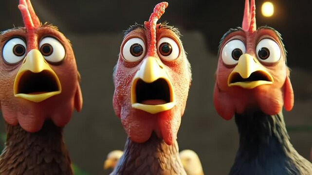 Animated chickens react with surprise and curiosity in synchronized expressions - high-quality stock footage for creative projects