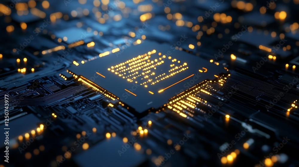 Leinwandbilder Futuristic Microchip with Illuminated Circuitry and Bright Lights : Generative AI