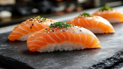 Fresh Salmon Sushi on Dark Stone Plate (3)