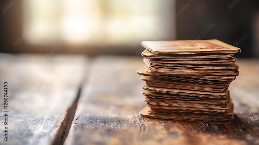 Poster stack of vintage playing cards on a rustic wooden table illuminated by natural light showcasing clas