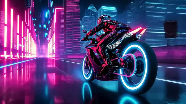 Futuristic neon motorcycle racing through cyberpunk city streets at night