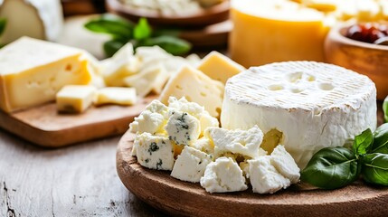 Artfully arranged variety of cheeses on wooden platter with fresh herbs and ingredients : Generative AI
