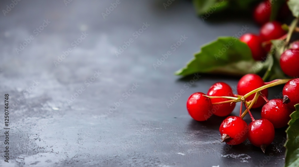 Poster water droplets on clusters of ripe red berries against a textured black backdrop : generative ai