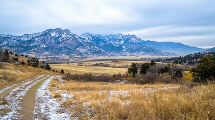 Majestic snow-dusted mountains scenic landscape wide-angle view under gray sky colorado nature photography