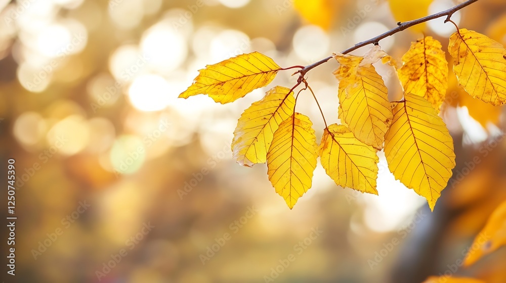 Aufkleber Golden autumn leaves shimmering in the sunlight with a blurred background creating a serene nature scene : Generative AI