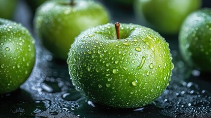 A fresh green apple with droplets of water sits on a white background,