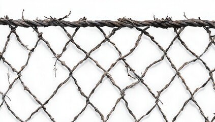 Close-up of aged, weathered fishing net with frayed rope.