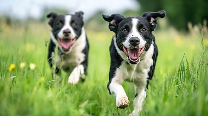 Obraz premium Two Happy Border Collies Running in a Lush Green Field Under Blue Sky : Generative AI