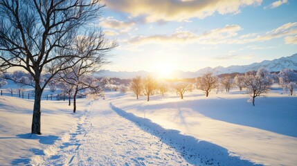 Obraz premium Sunrise over snow-covered field winter landscape nature photography frosty atmosphere serene environment