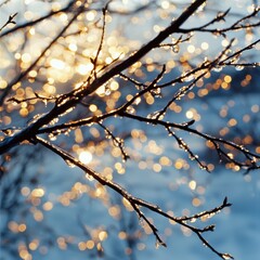 Glistening powdered branches under sunlight closeup view nature photography delicate environment natural beauty