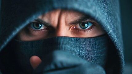Fototapeta premium Intense close up of a mysterious figure wearing a dark hoodie with piercing eyes revealing a hidden intention : Generative AI