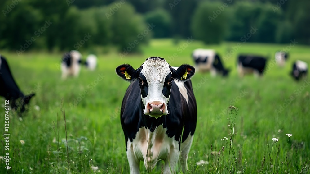 Aufkleber curious black and white cow stands in green field with other cows grazing in background : generative
