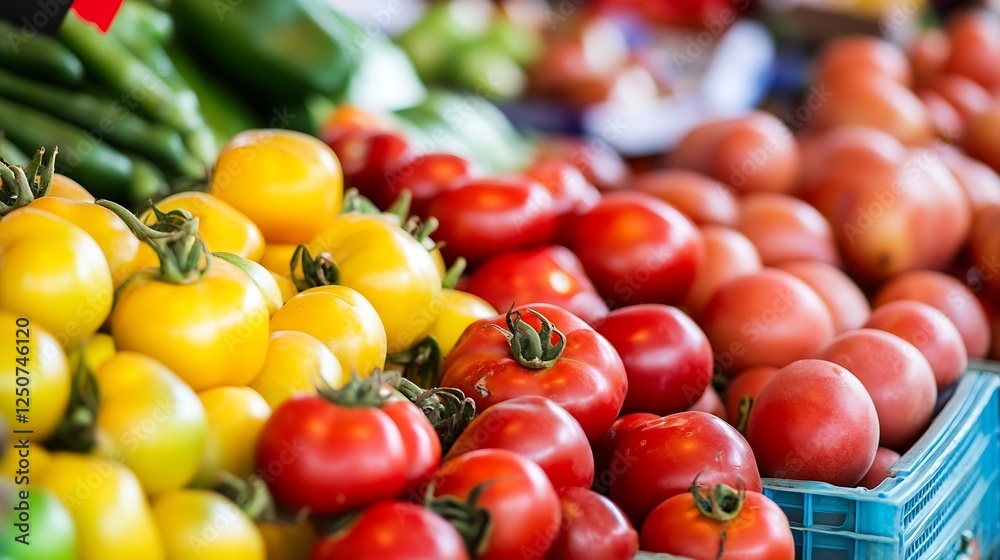 Aufkleber fresh and colorful display of ripe tomatoes and yellow bell peppers at a local market : generative a