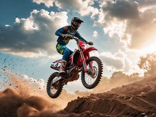 Man motocross jumping dirt bike outdoors