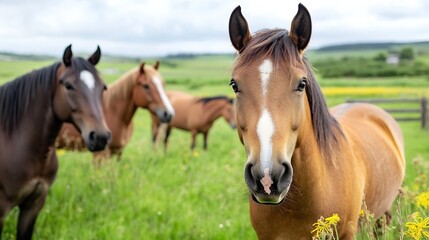 Close up of a beautiful brown horse surrounded by other horses in a lush green field under a cloudy sky : Generative AI