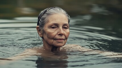 Serene elderly woman swimming in calm water, enjoying nature.