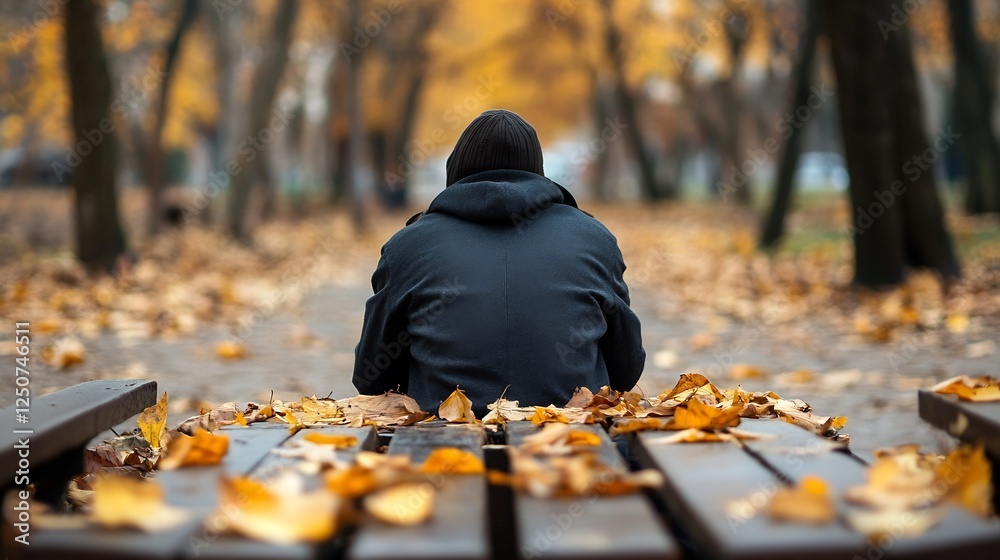 Poster man sitting on a park bench covered in autumn leaves during a serene moment : generative ai