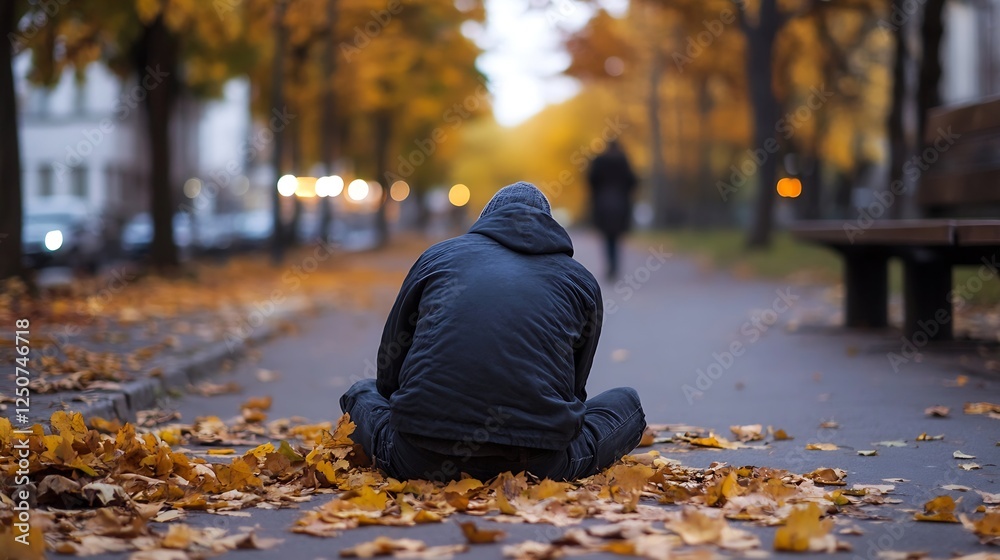 Poster a person sitting on the ground surrounded by colorful autumn leaves in a serene setting : generative