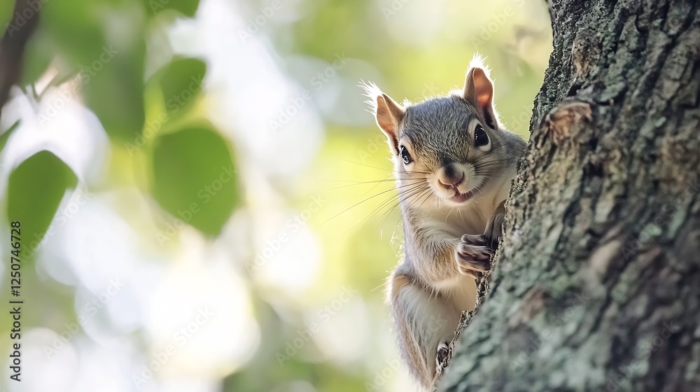 Poster curious squirrel climbing on tree trunk surrounded by lush green foliage in sunny day : generative a