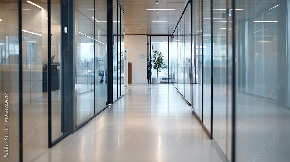 Aufkleber modern office corridor with glass walls and natural light creating a bright and open workspace : gen