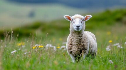 Fototapeta premium Curious Sheep Grazing in a Meadow of Wildflowers Under a Clear Blue Sky : Generative AI